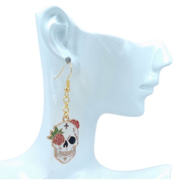 Skull Red Rose Cross Earrings 💀🌹🖤 - Picture 2 of 4